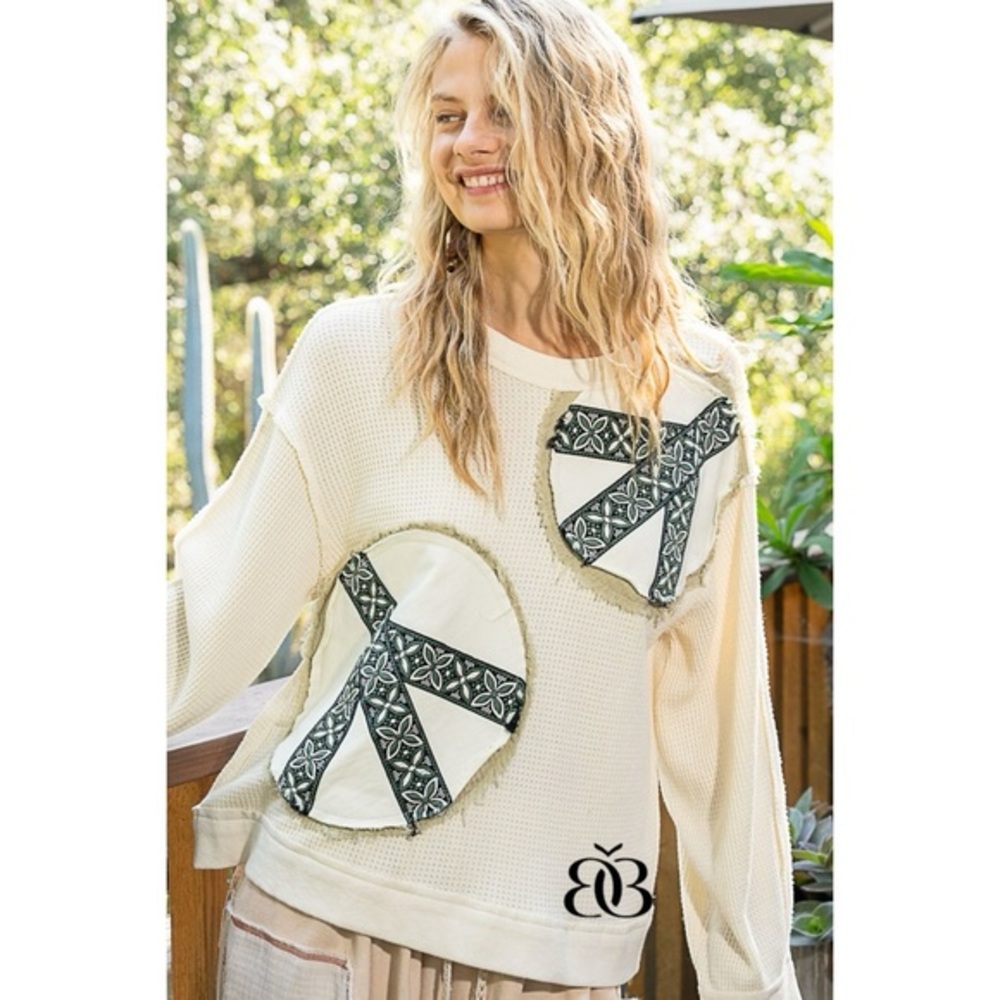 POL Cream Waffle Knit Pullover | Vintage Wash Peace Patch Long Sleeve Top
